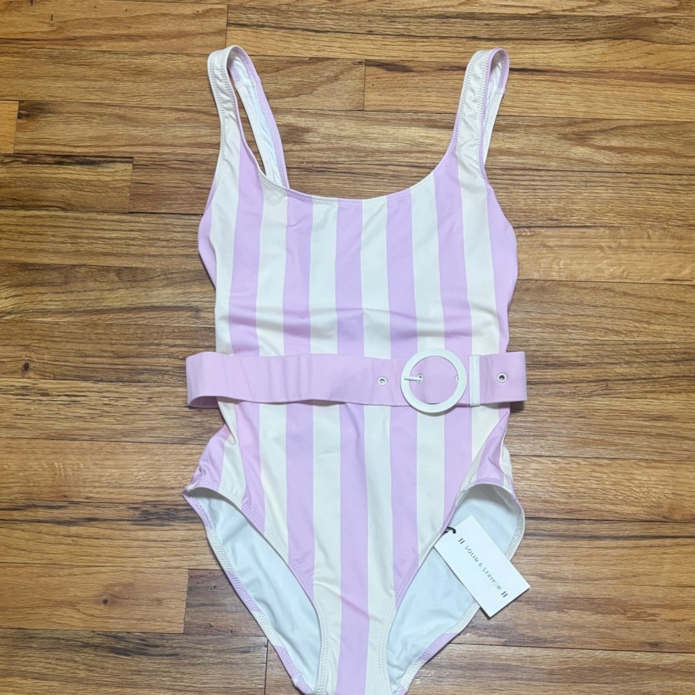 SOLID & STRIPED Pink and White Striped One Piece Swimsuit